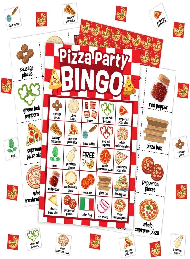 Mueddur Pizza Party Bingo Card, Pizza Bingo Set for Adults Large Group Family Friends, Sleepover Party Game, Gourmet Food Bingo Kit for Birthday, Holiday Games for 24 Players -05 - Image 1